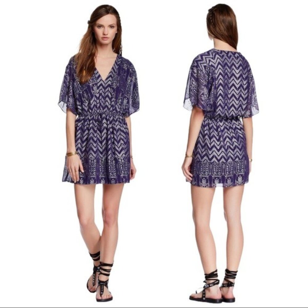 Free People Printed V-Neck‎ Kimono Sleeve Elastic Waist Mini Dress Size S